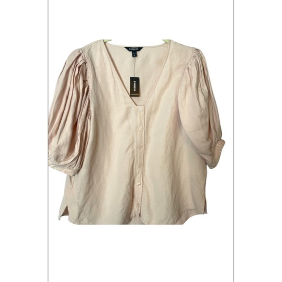NWT Express Puff Sleeve Cottagecore Blouse Top Pale Pink Linen Blend M - Picture 1 of 6